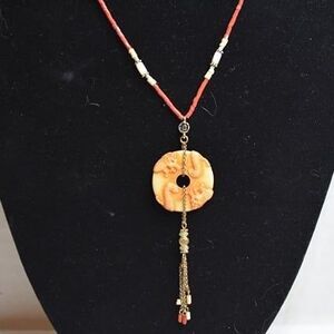 Artistic Carved Dragon Faux Jade Orange/Red Beaded Pendant Gold Tone Necklace